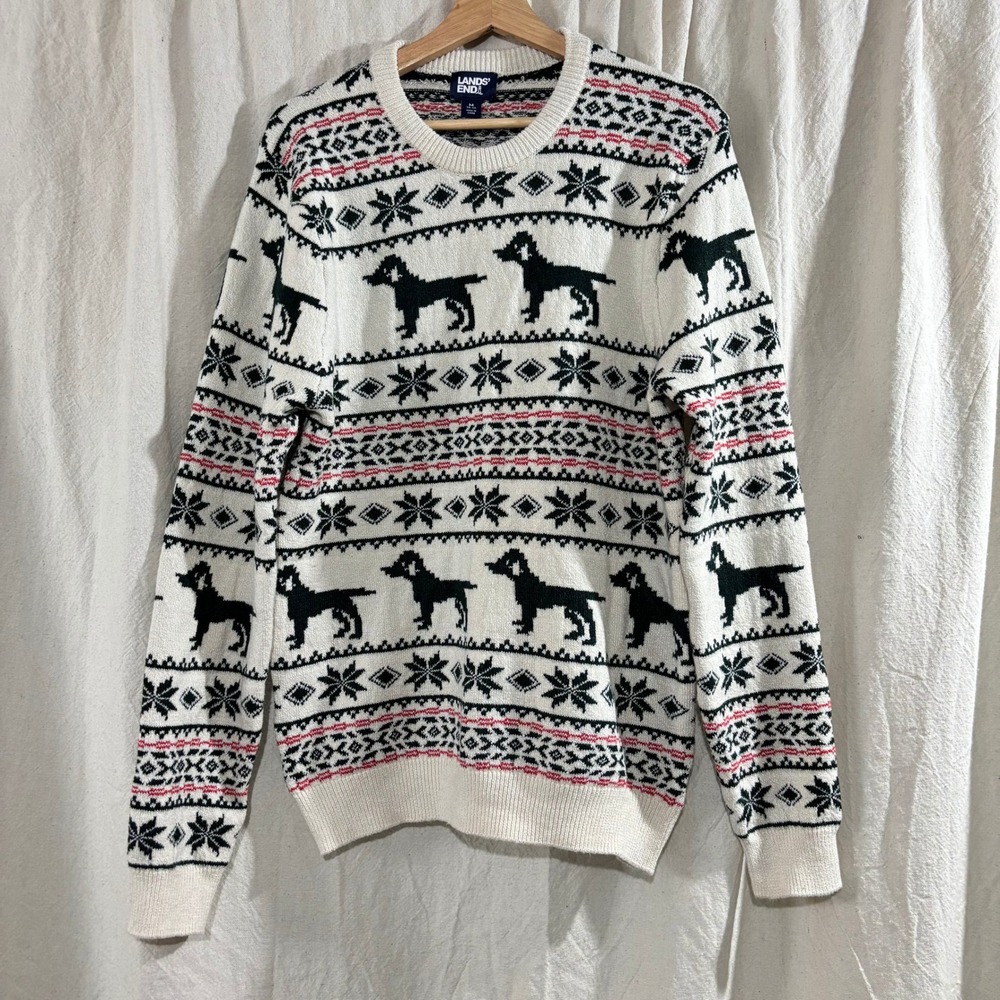 Lands End Womens Fair Isle Dog Sweater Cream Black Red Crew Neck Medium NWT